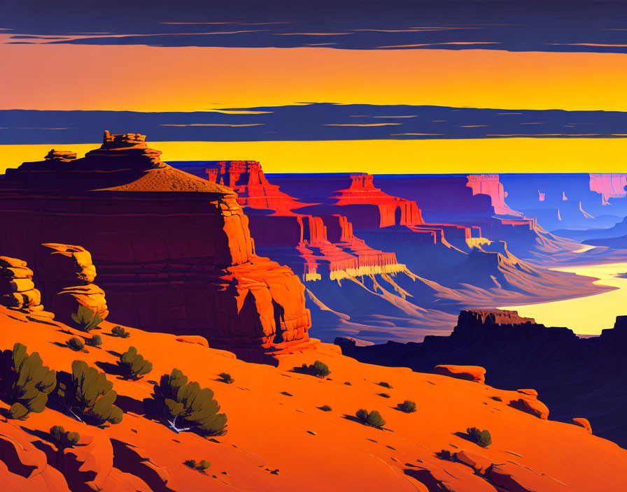 Desert landscape digital art with mesas, river, and sunset colors