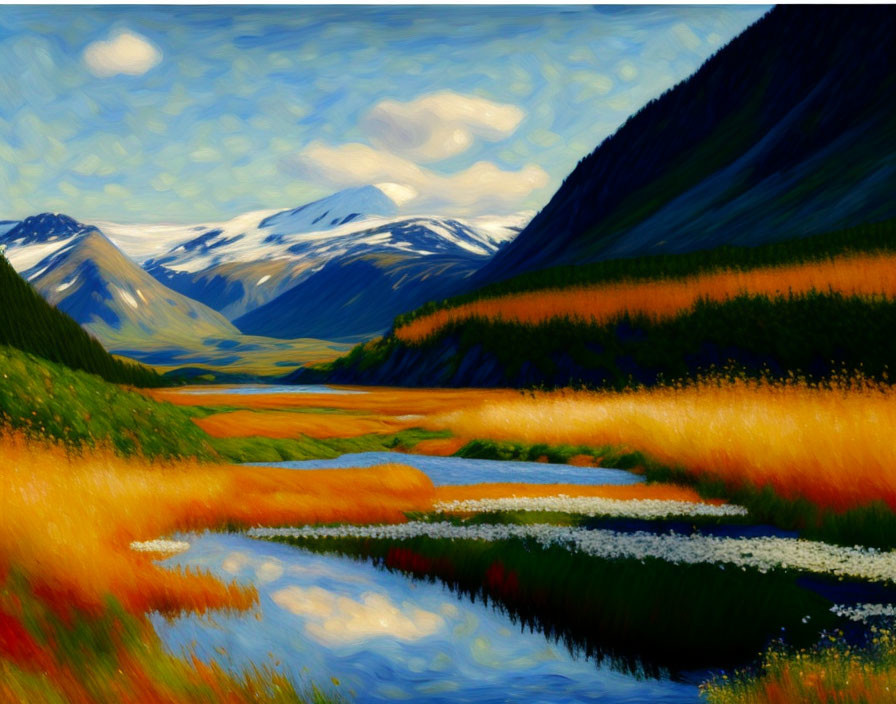 Scenic painting of vibrant valley with river and mountains