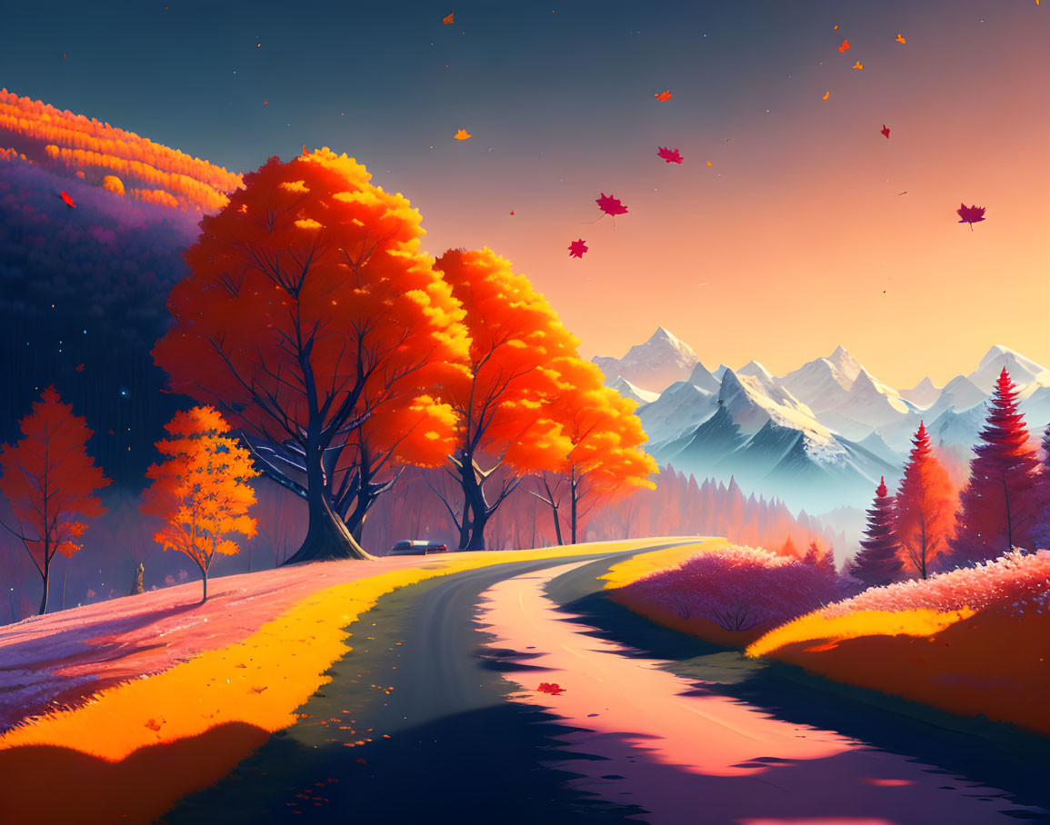 Digital Art: Autumn Road, Trees, Mountains & Sunset