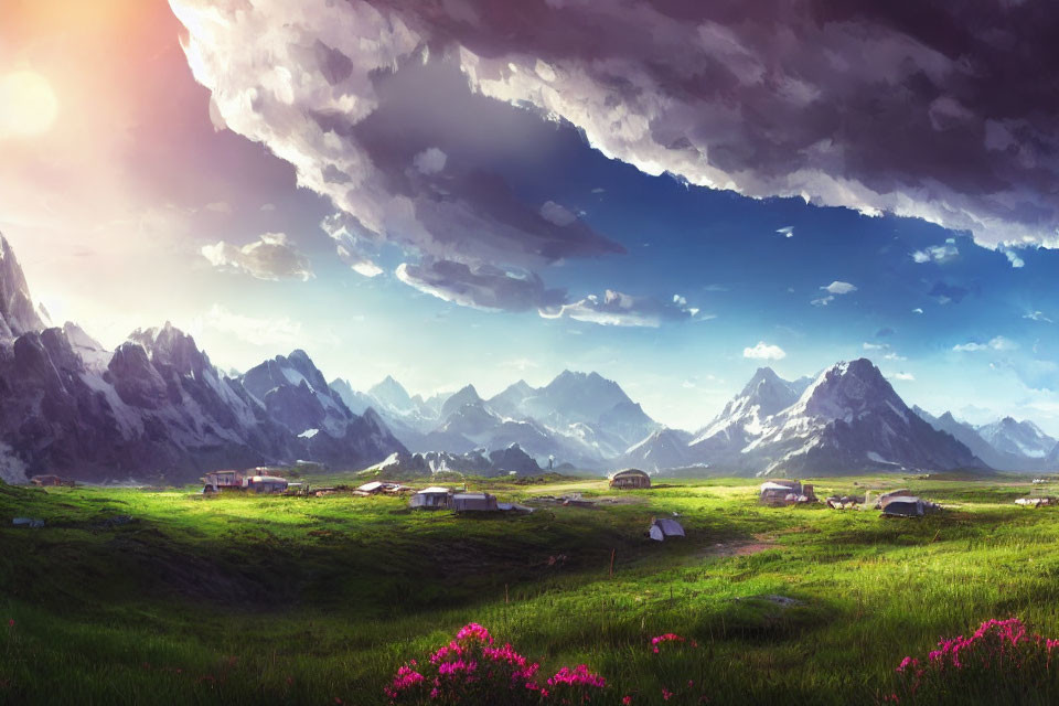 Snowy mountains, houses, pink flowers in serene landscape