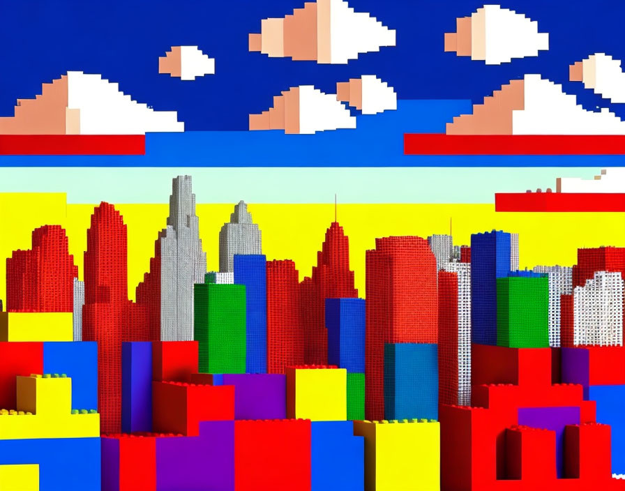 Vibrant toy brick cityscape with skyscrapers under blue sky