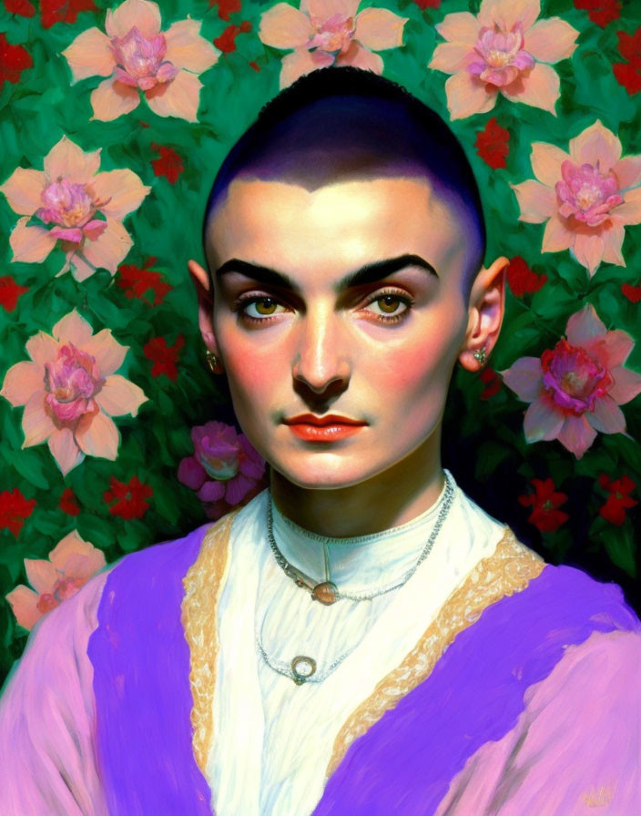 Shaved head person in white-collar shirt with piercing eyes against pink flowers