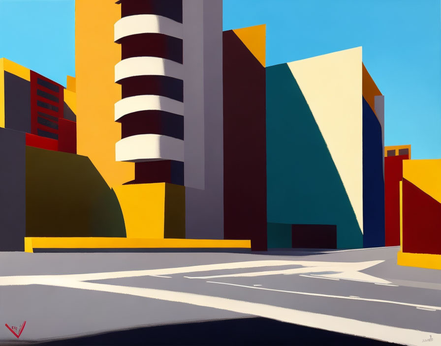 Colorful geometric cityscape illustration with bold buildings and sharp shadows