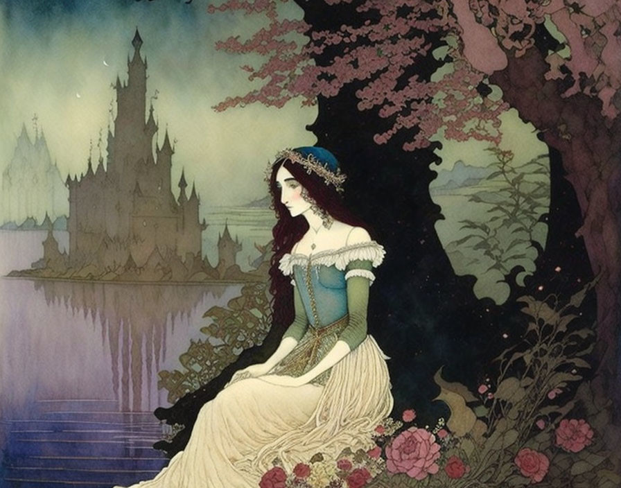 Pensive woman in historical dress near blossom tree and misty castle