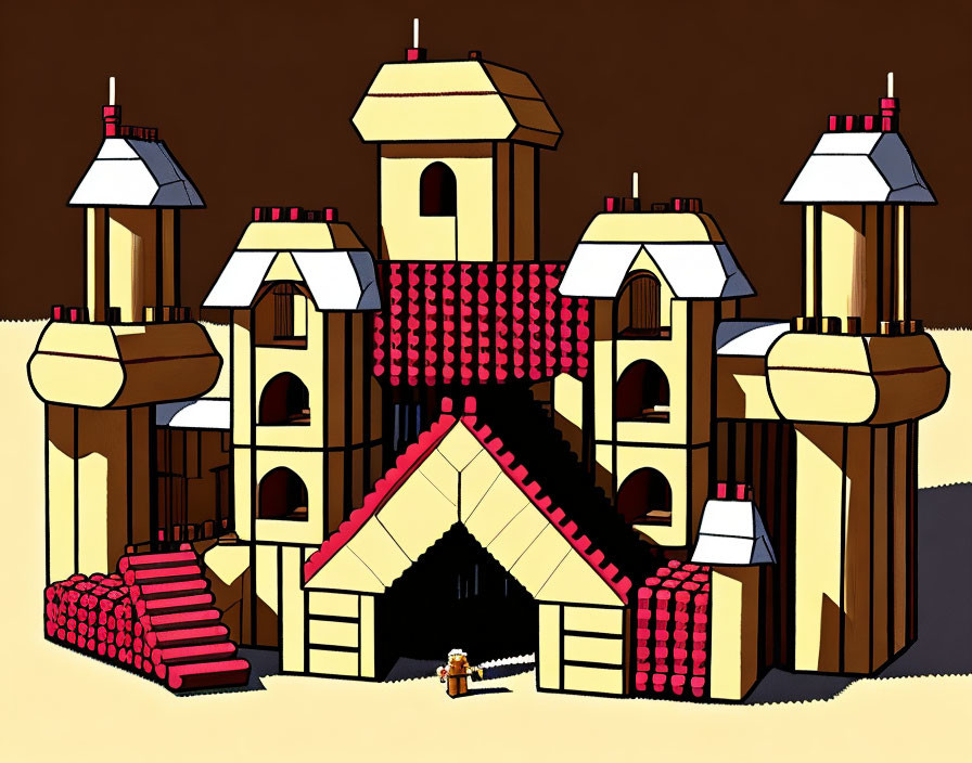 Stylized illustration of sandcastle with red roofs and towers