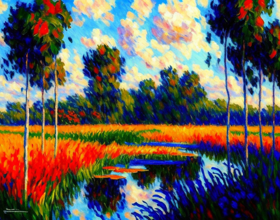 Colorful landscape painting with tall trees, red flowers, blue river, boats, and fluffy clouds