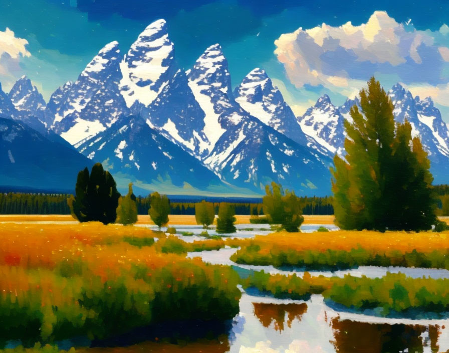 Scenic painting of snowy mountain range, river, and greenery