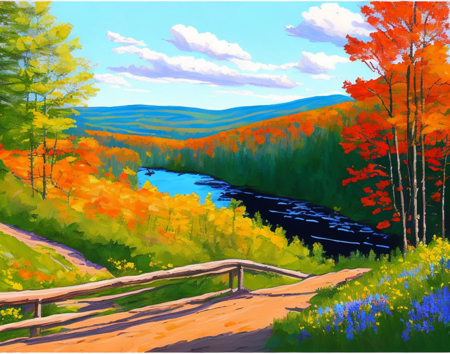 Scenic autumn landscape painting with fiery trees, winding river, and clear blue sky