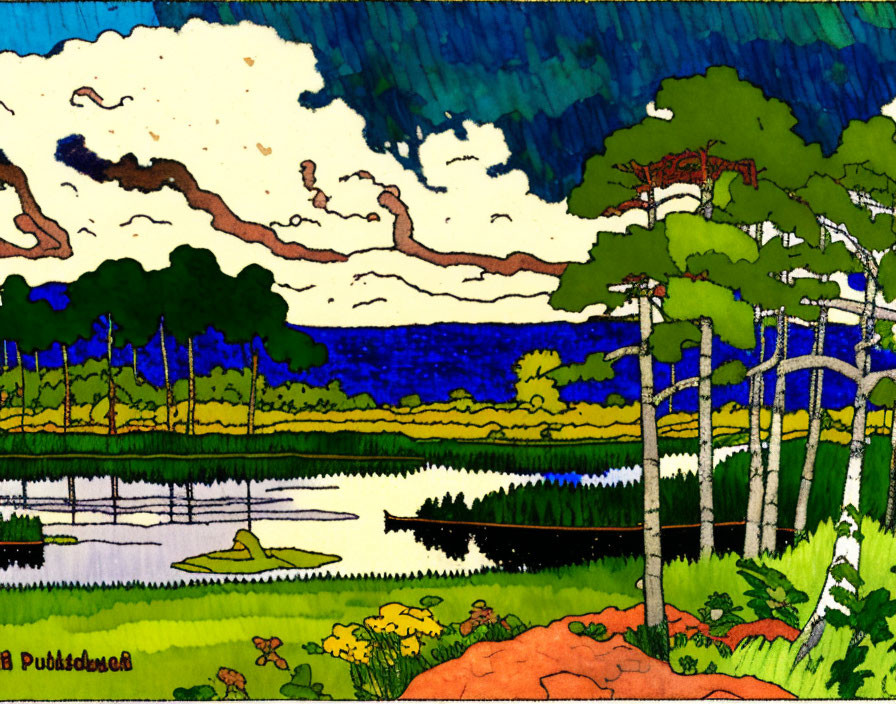 Colorful Landscape Painting with Trees, Lake, Greenery, and Dynamic Sky