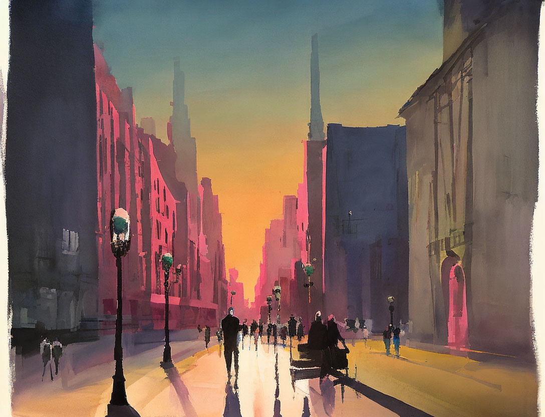 City street painting: Silhouetted figures, reflective road, towering buildings at sunset.