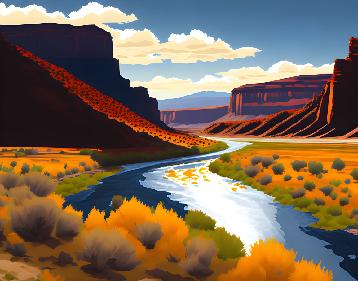 Scenic desert canyon river illustration with towering cliffs