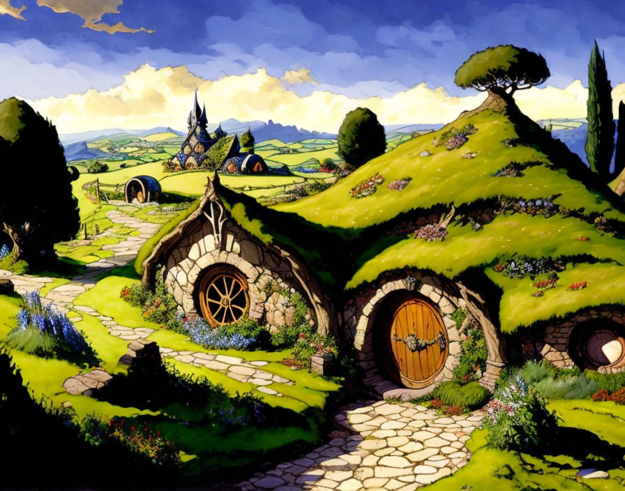 Whimsical village with hobbit-like houses in lush countryside