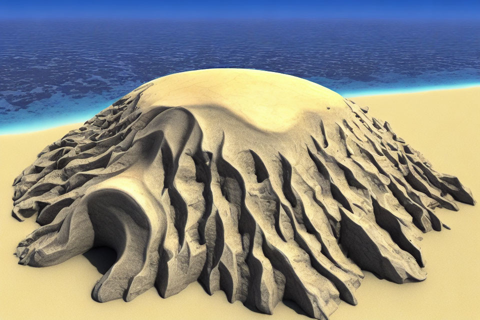 Surreal dome-like structure with rib-like extensions on sandy beach