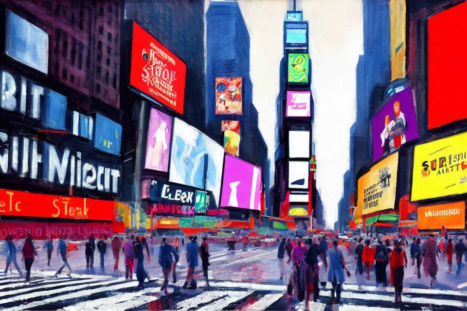 Vibrant Times Square Painting with Billboards and Pedestrians