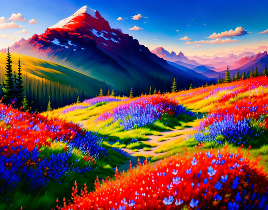 Colorful Meadow Landscape with Mountain and Blue Sky