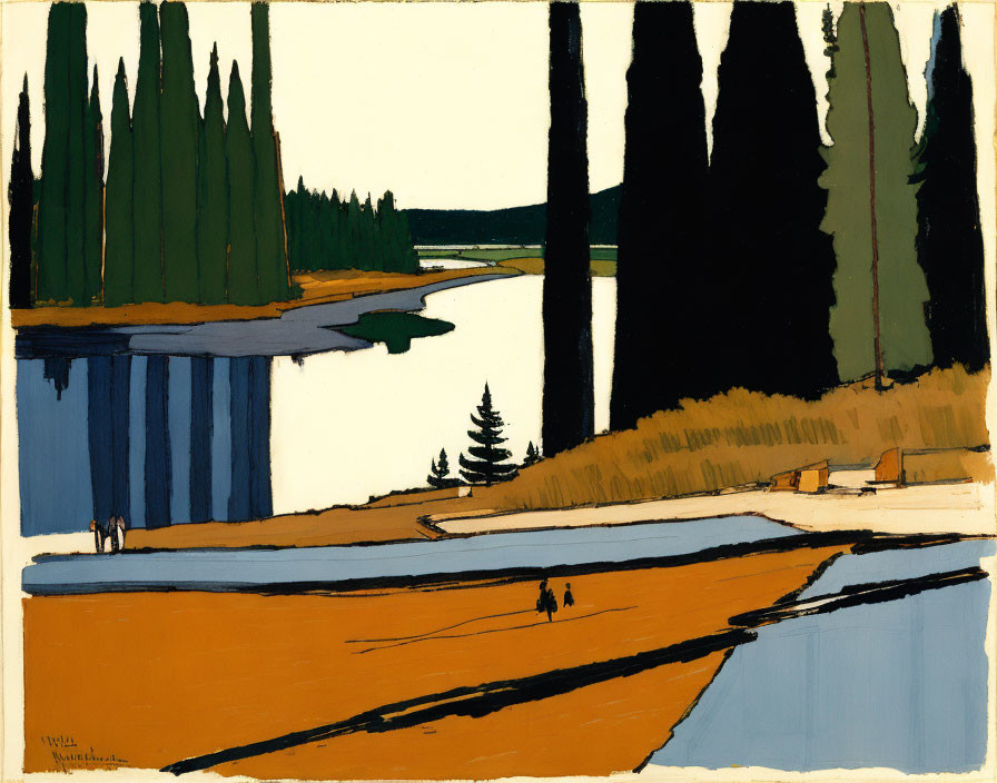 Vibrant landscape painting: river, pine trees, figures