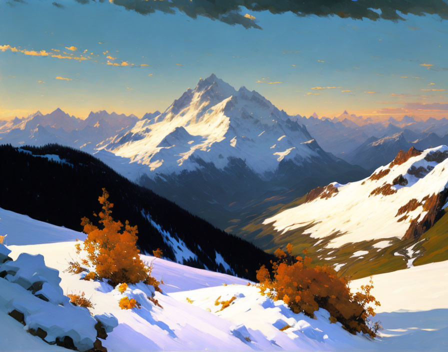 Autumn trees and snow-capped mountains under clear blue sky