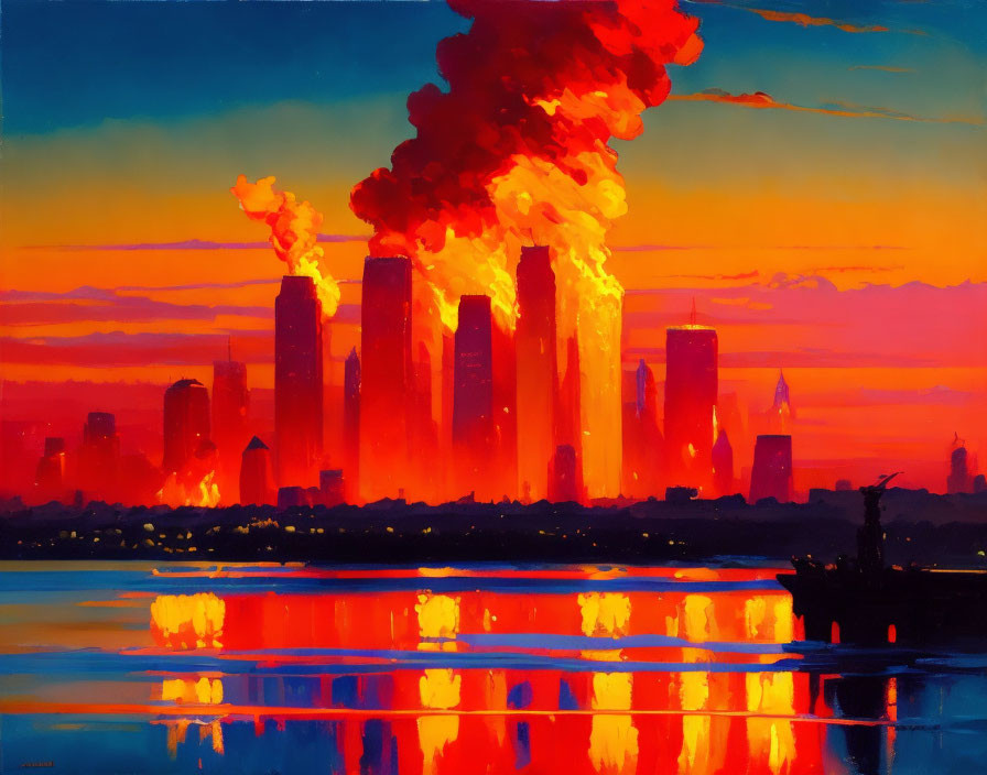 City skyline painting with fiery smoke plumes at sunset over water