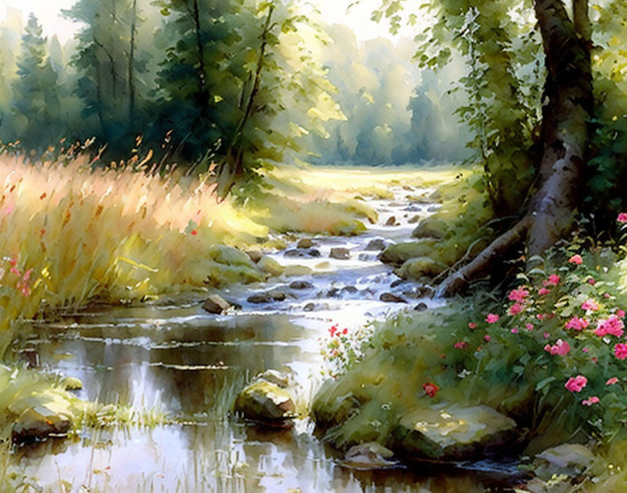 Tranquil stream in lush landscape with pink wildflowers, sun-dappled trees, and serene