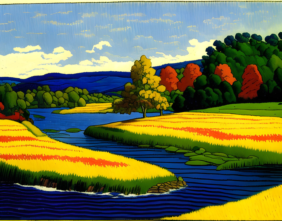 Colorful landscape painting with river, trees, fields, and sky