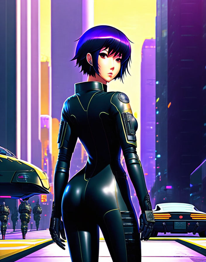 Futuristic cityscape with stylized female character in neon-lit setting