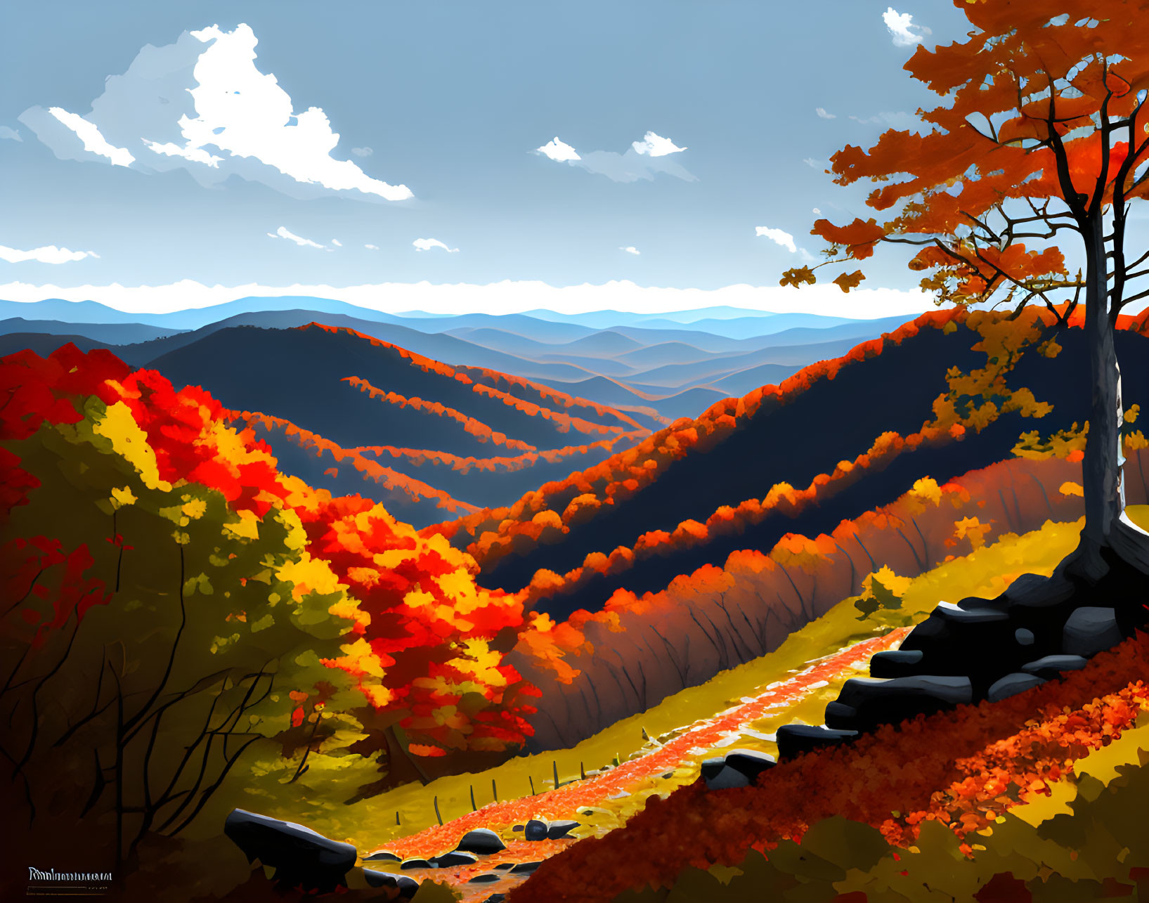 Scenic autumn landscape with orange and red foliage and rolling hills