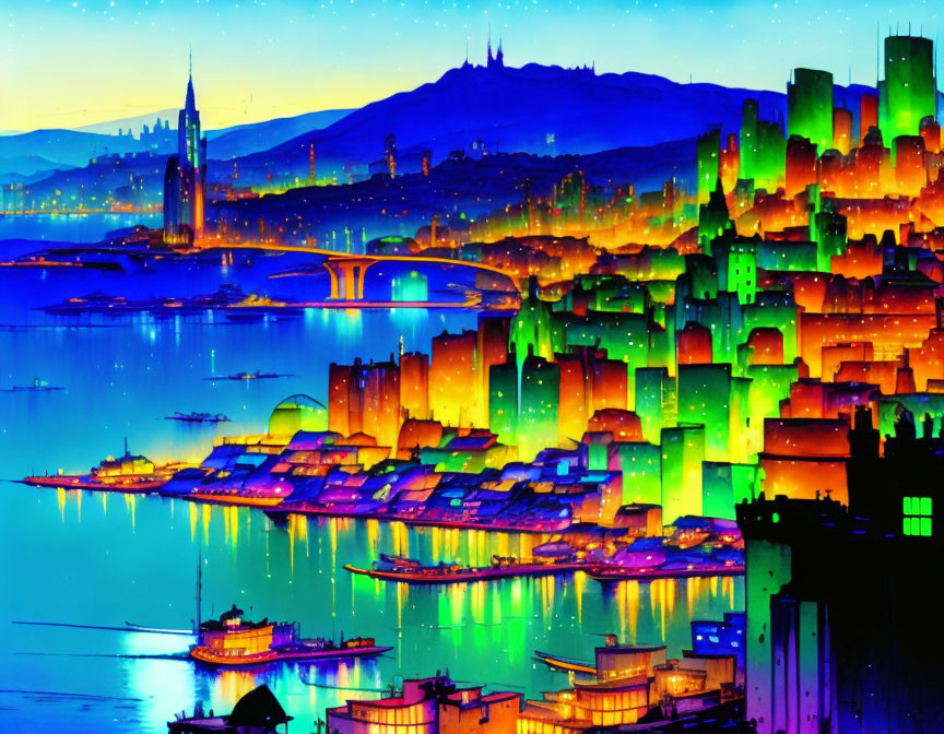 Colorful Night Cityscape: Water Reflections, Starry Sky, Hill Silhouette