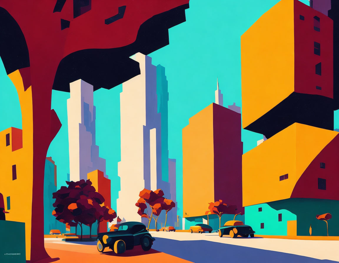 Colorful cityscape with geometric buildings and vintage cars under blue sky