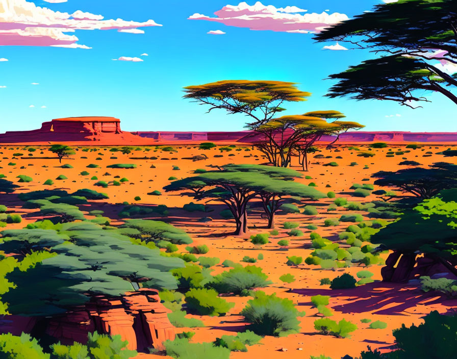 Colorful Cartoon Desert Landscape with Trees and Rocks under Blue Sky