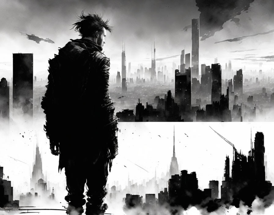 Monochromatic dystopian cityscape with solitary figure