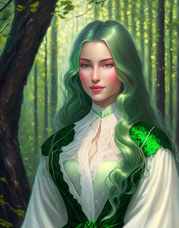 Woman with Green Hair in Ethereal Forest Setting