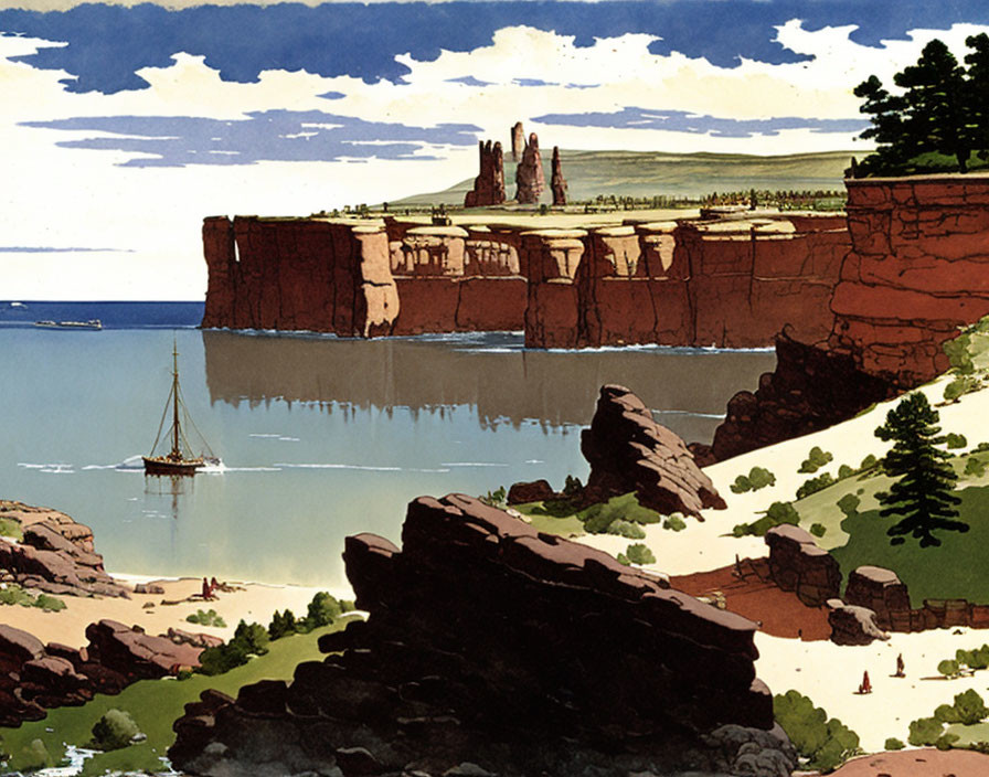 Stylized coastal scene with red cliff, sailing ship, rocky shores