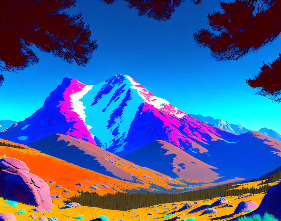 Colorful digital landscape: Snow-capped mountain, pink and blue hues, forest, meadows,