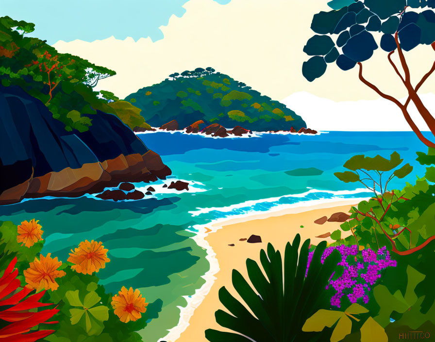 Tropical beach illustration with lush greenery, colorful flowers, and serene ocean