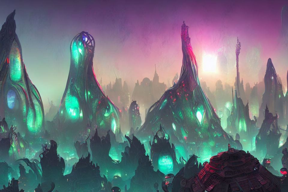 Alien cityscape with towering structures and bioluminescent accents