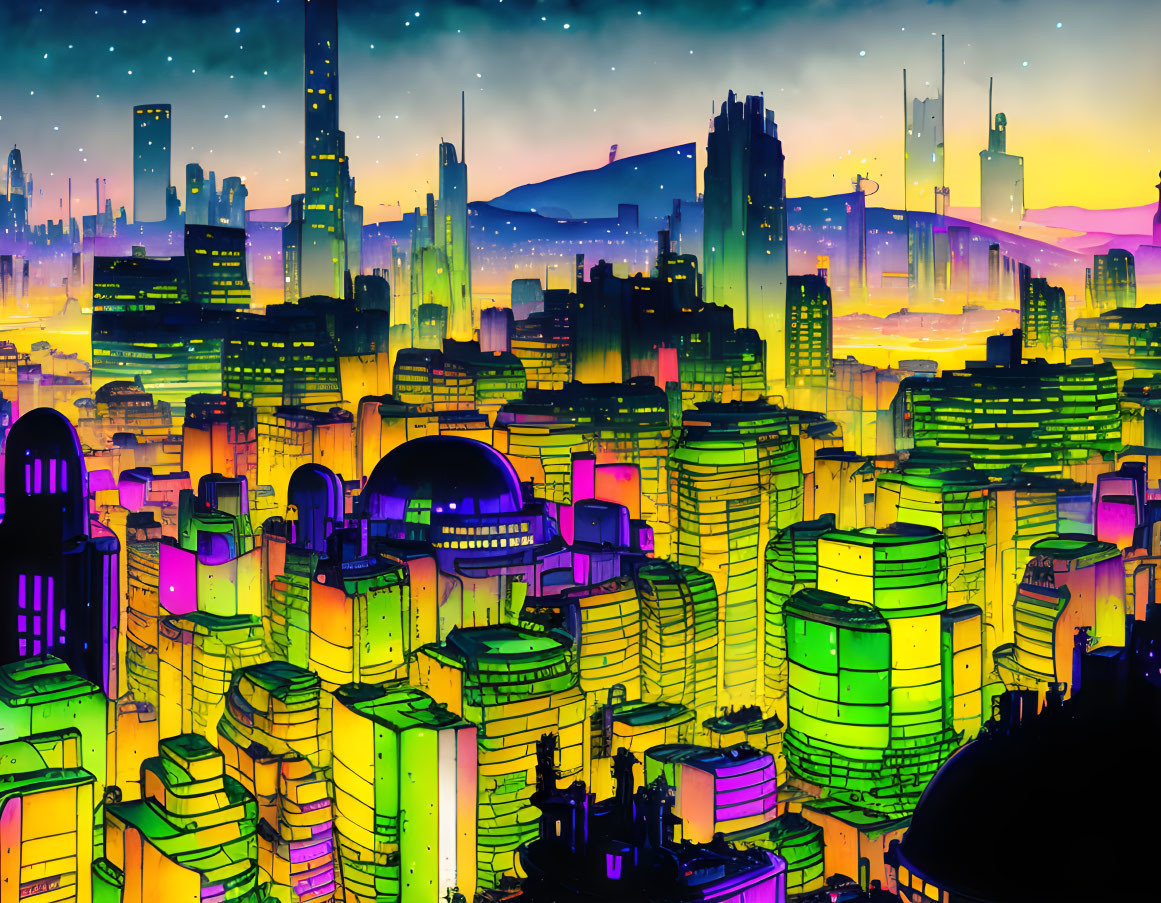 Colorful Neon-Lit Futuristic Cityscape at Dusk