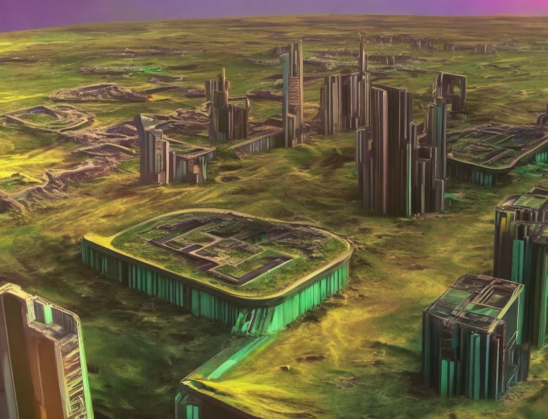 Futuristic cityscape with towering structures in desolate landscape