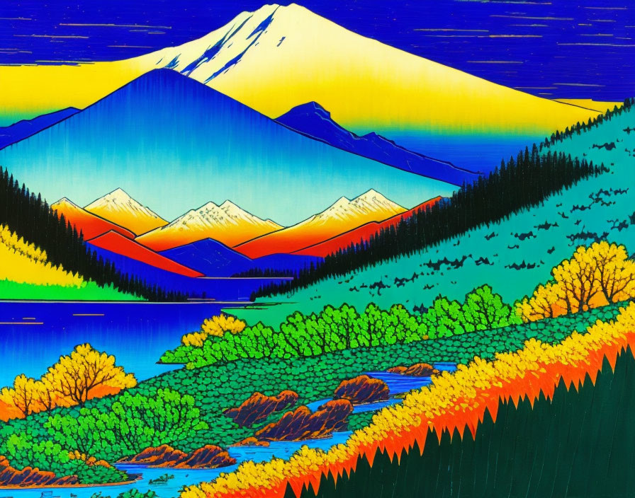 Colorful Mountain Landscape with Trees, River, and Abstract Sky