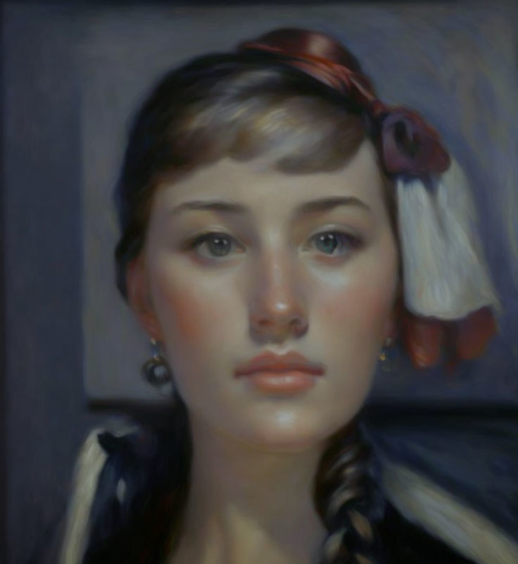 Portrait of young woman with red ribbon, braided hair, earrings, contemplative expression