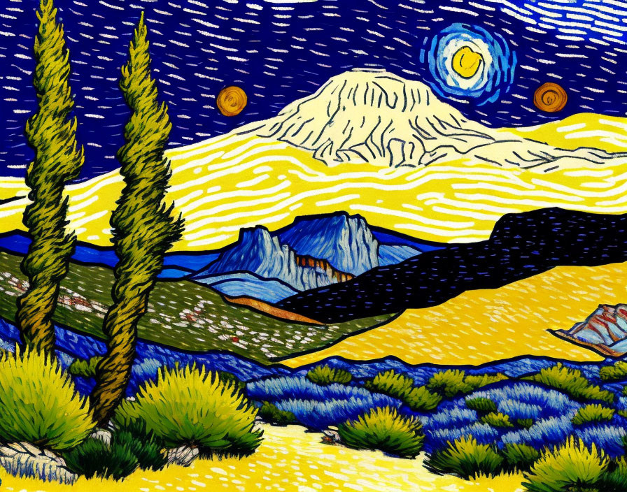 Starry night sky painting with swirling clouds, moon, stars, cypress trees, mountains, and