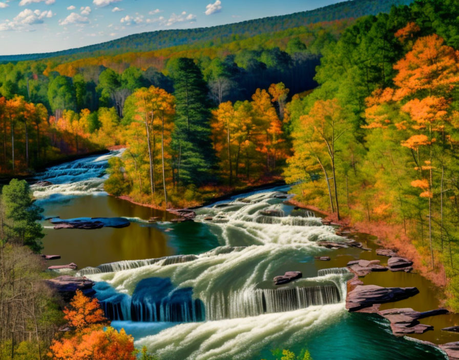 Tranquil waterfall in vibrant autumn forest