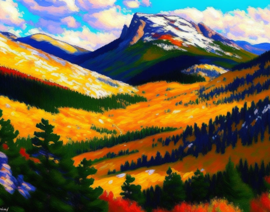 Colorful mountain landscape with autumn foliage and snow-capped peak