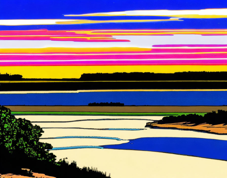 Colorful digital artwork: stylized river landscape at dusk