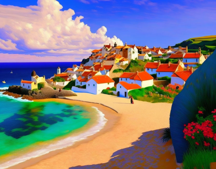 Scenic coastal village with red-roofed houses by the blue sea