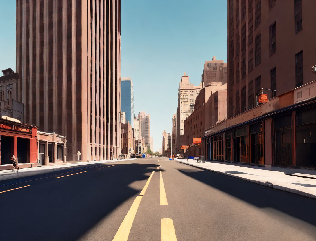 City street with yellow lines, tall buildings, blue sky, and lone pedestrian