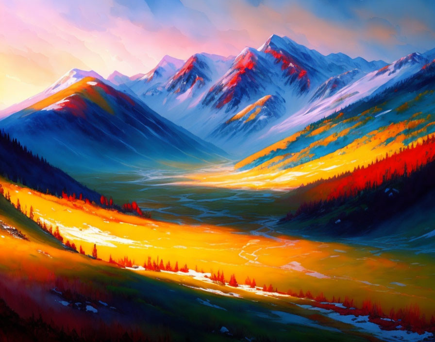 Colorful digital painting: Mountain landscape at sunset with river valley