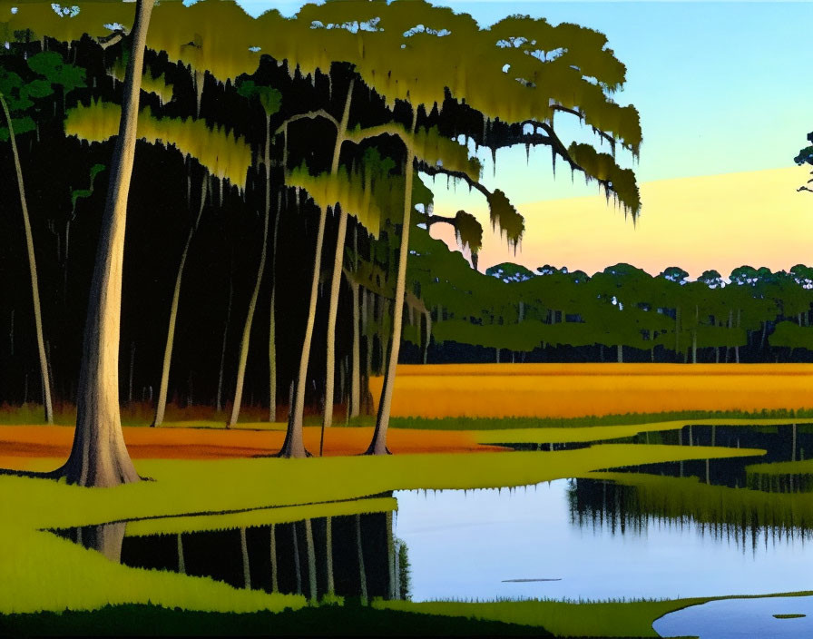 Tranquil marshland painting with towering trees and Spanish moss at twilight