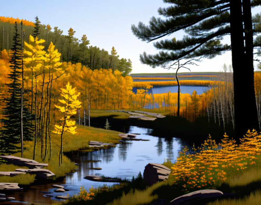 Tranquil autumn landscape with yellow foliage by peaceful river