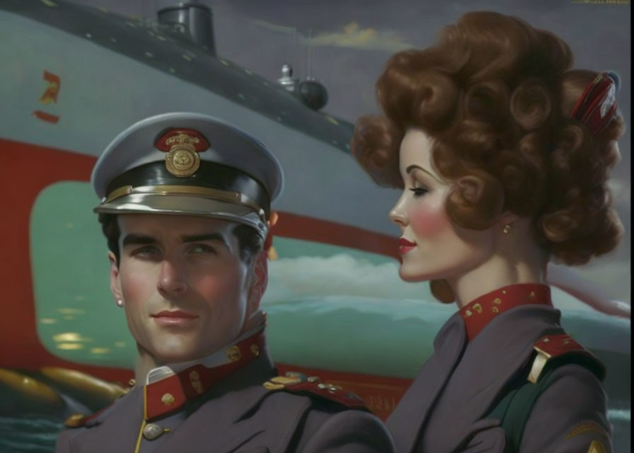 Vintage Style Illustration of Male Officer and Female in Mid-20th Century Uniforms