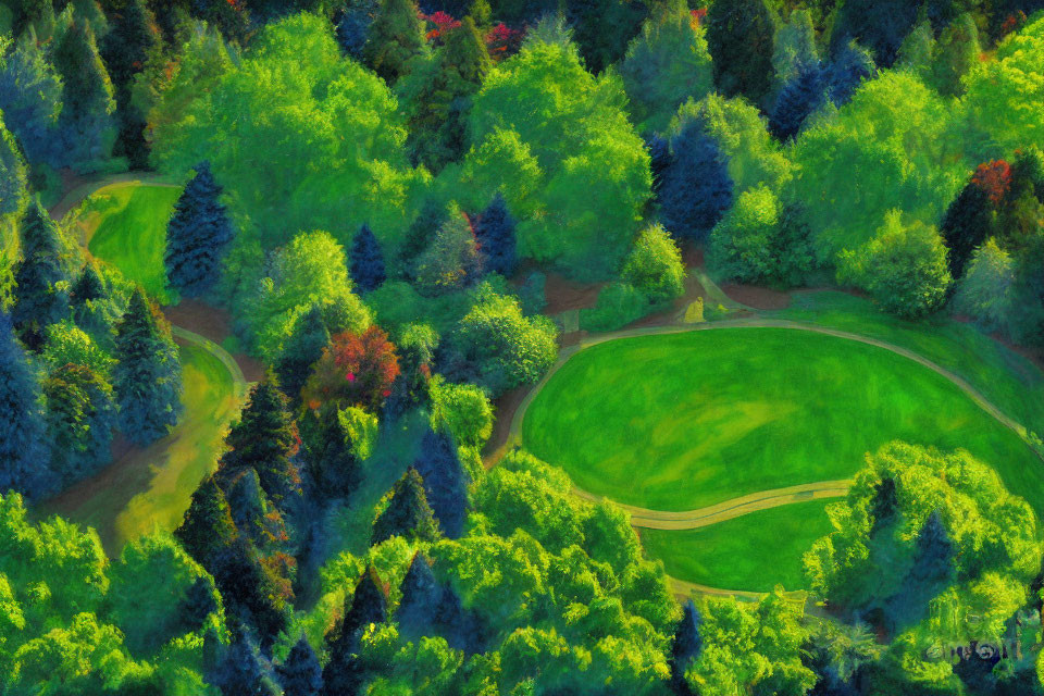 Lush golf course with vibrant green fairway and diverse trees from aerial view